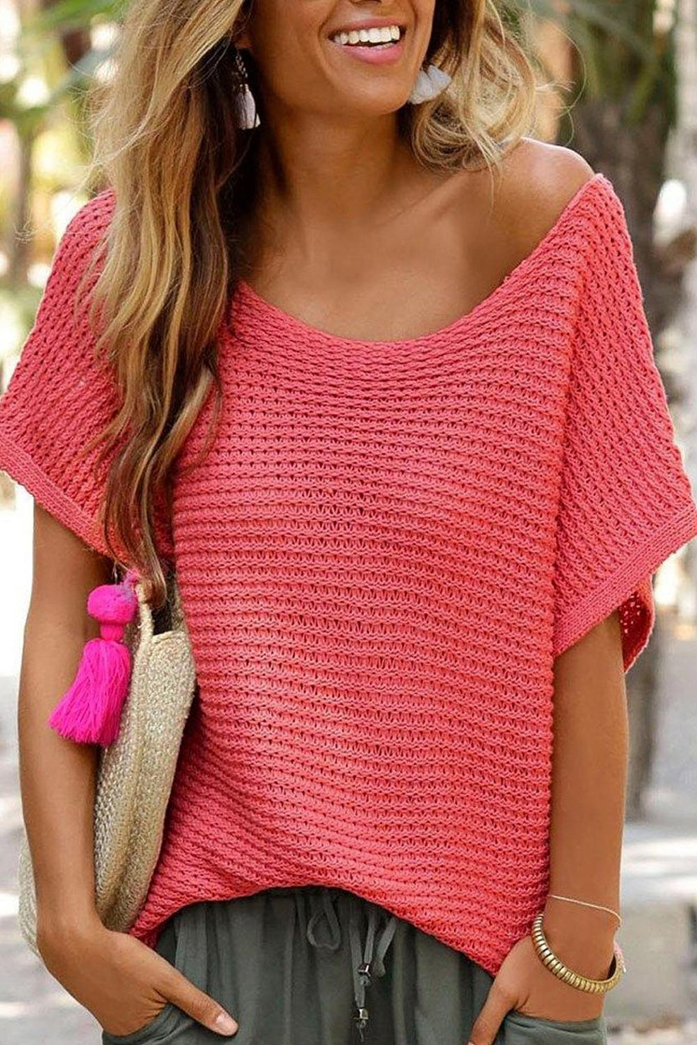 Red clay solid locker gestrickter pullover mit kurzen dolman-ärmeln