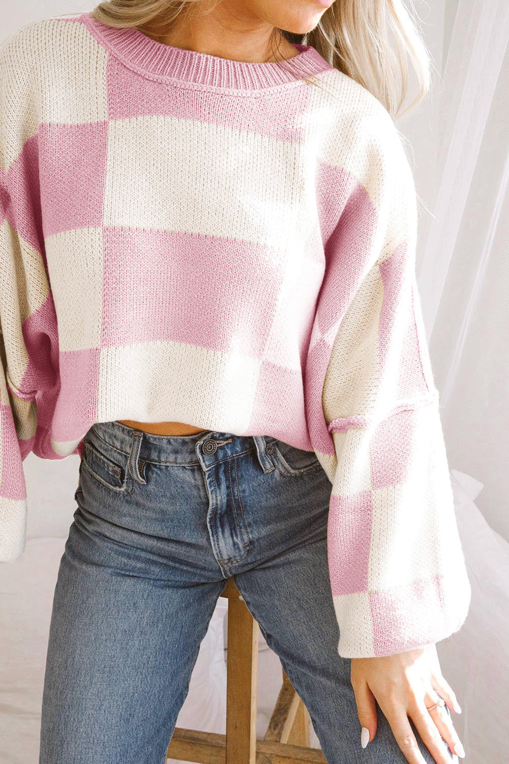 Rosa karierter pullover mit läuferärmeln