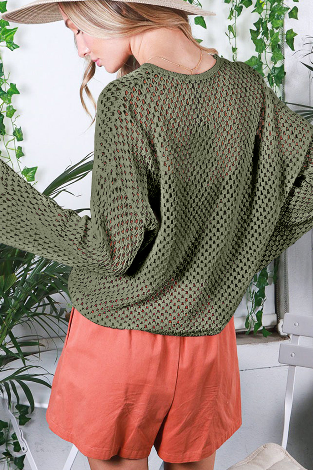 Vineyard green offener strick mit geknöpftem halsausschnitt pullover mit geteilten ärmeln