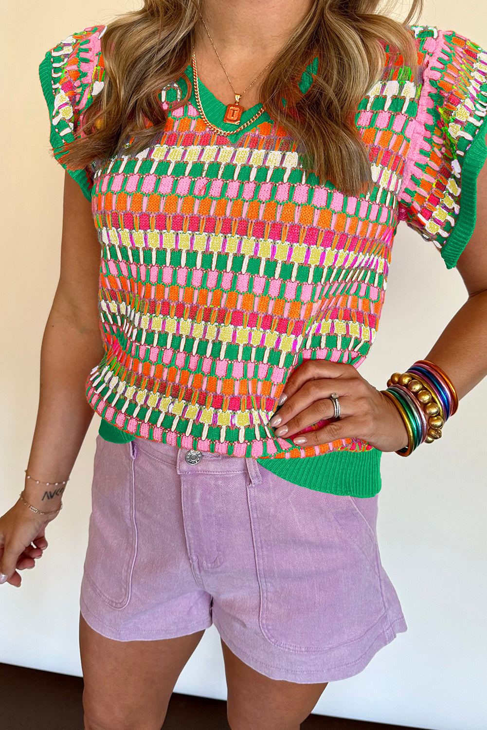 Grünes multi flatterärmel-strickpullover-top