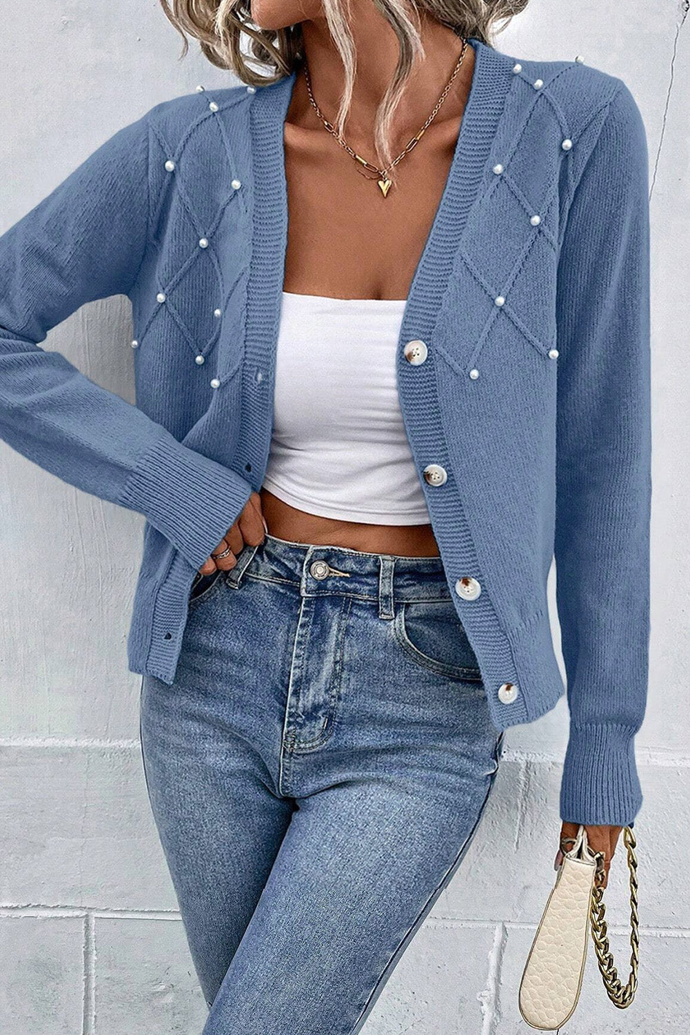 Myosotis texturierte strickjacke mit perlen und knopfleiste