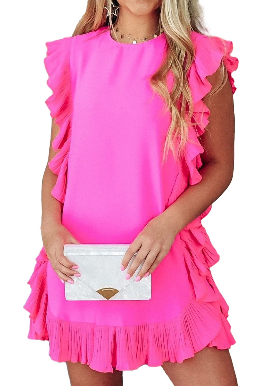 Leuchtend pinkes, unifarbenes Minikleid mit gerüschtem Rand und Schlüsselloch im Rücken