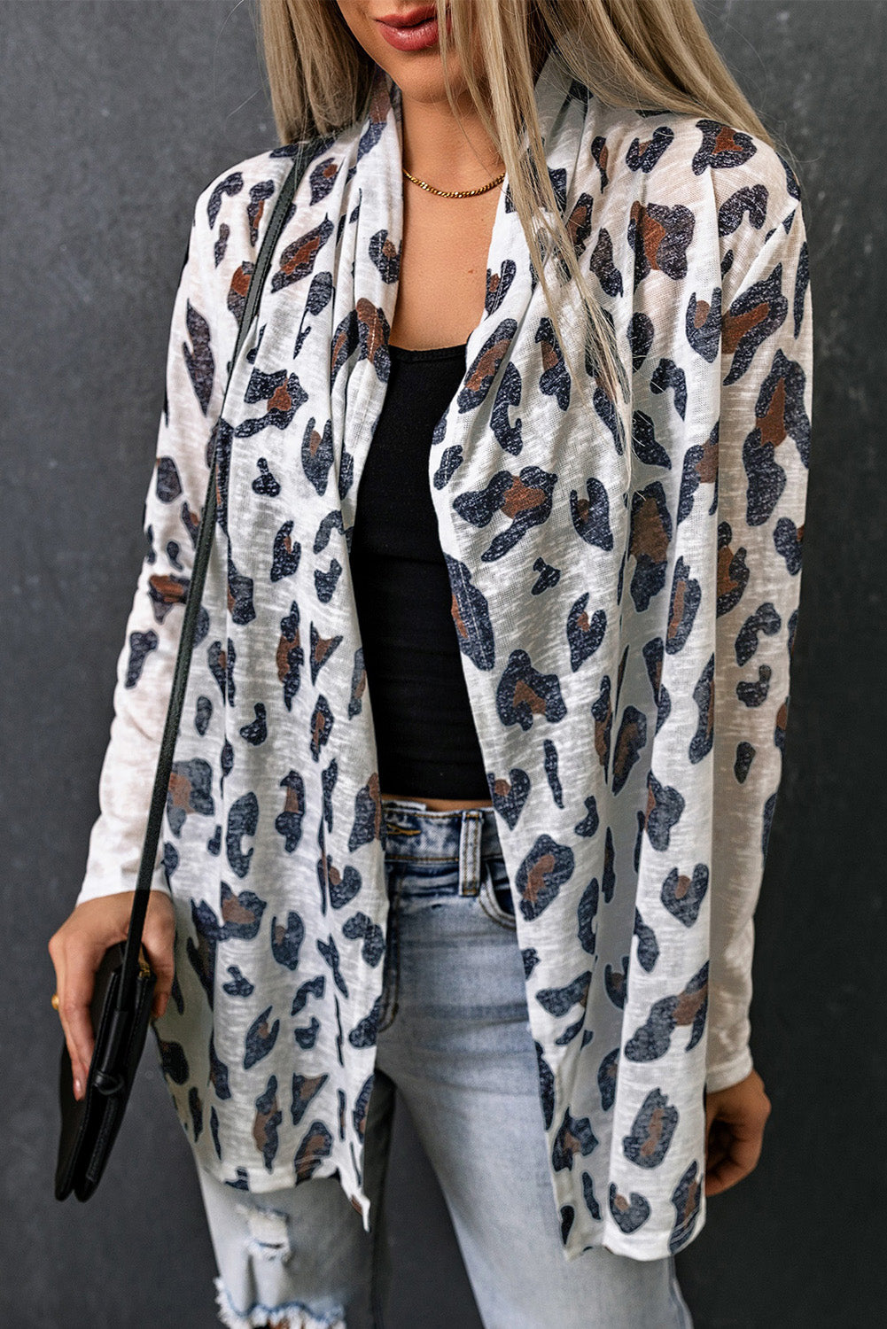 Weiße vintage leopard print offene strickjacke