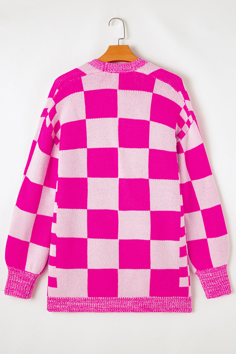 Rot karierte strickjacke mit geripptem saum und offener vorderseite