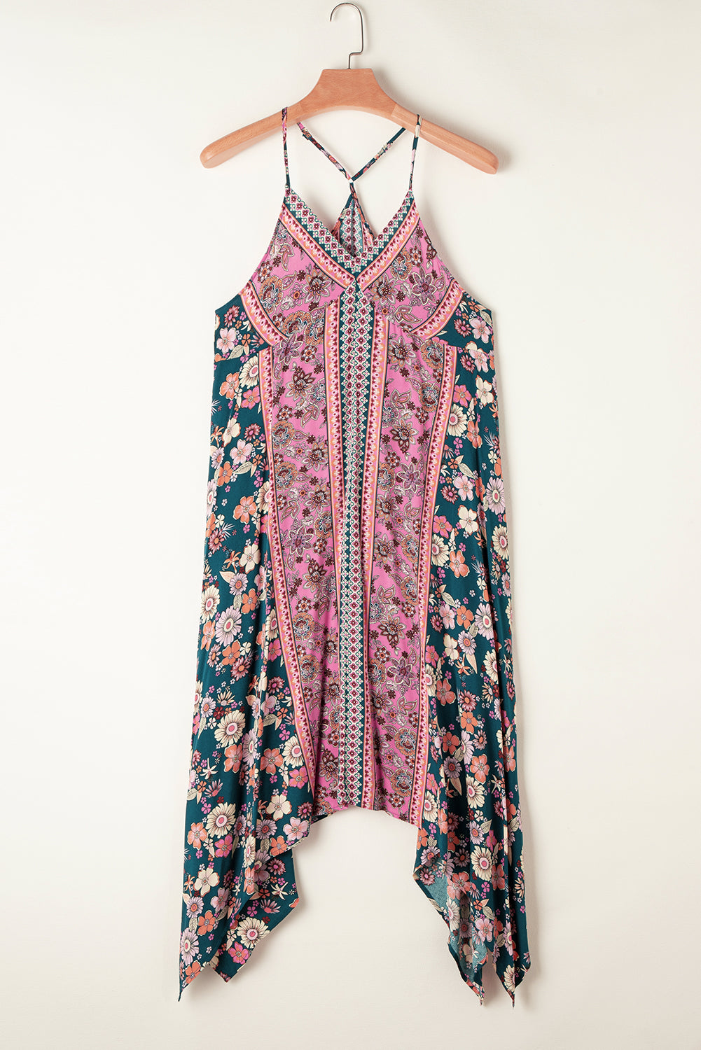 Rosa Bohème floraler Patchworkdruck langes Sommerkleid