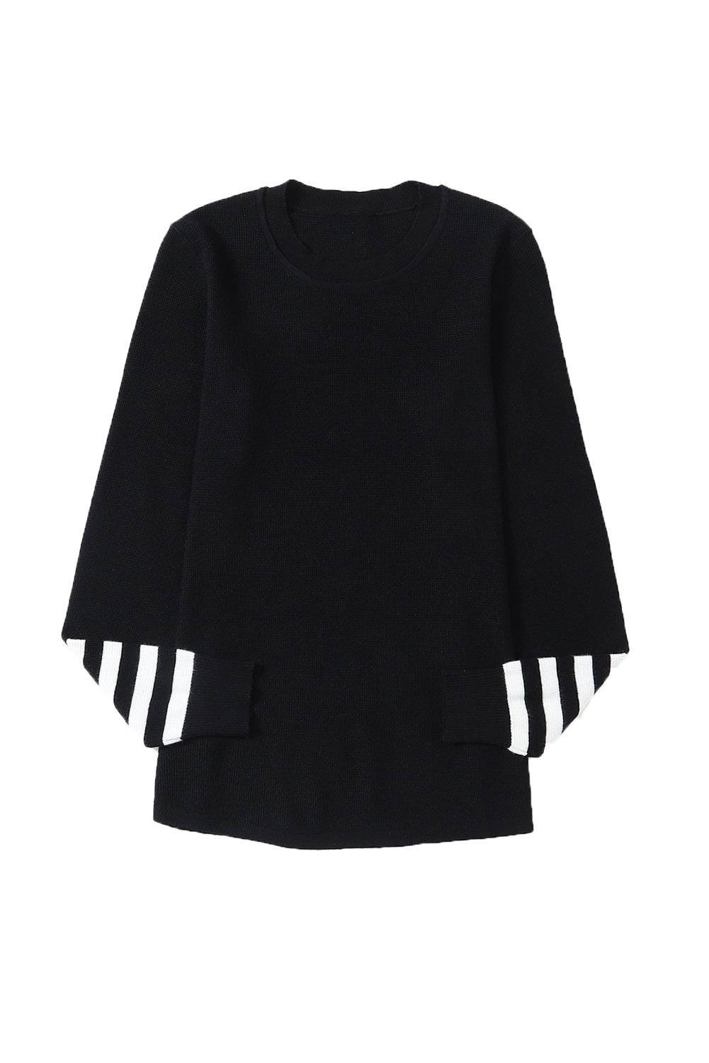 Schwarzer pullover mit gestreiften ärmeln und einfarbigem strick