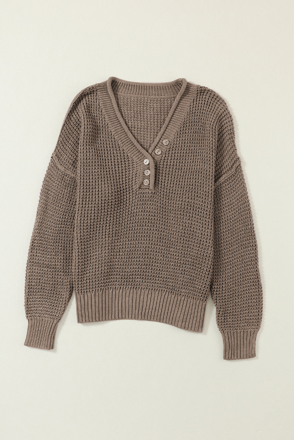 Khakifarbener pointelle-strickpullover mit v-ausschnitt und überschnittenen schultern