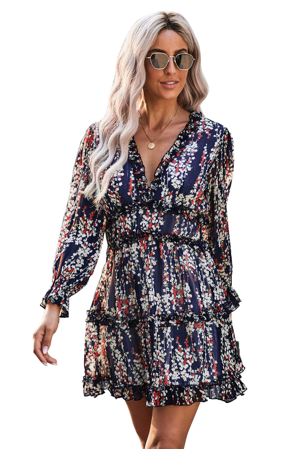 Blaues kleid mit rüschenbesatz und offenem rücken mit blumenmuster