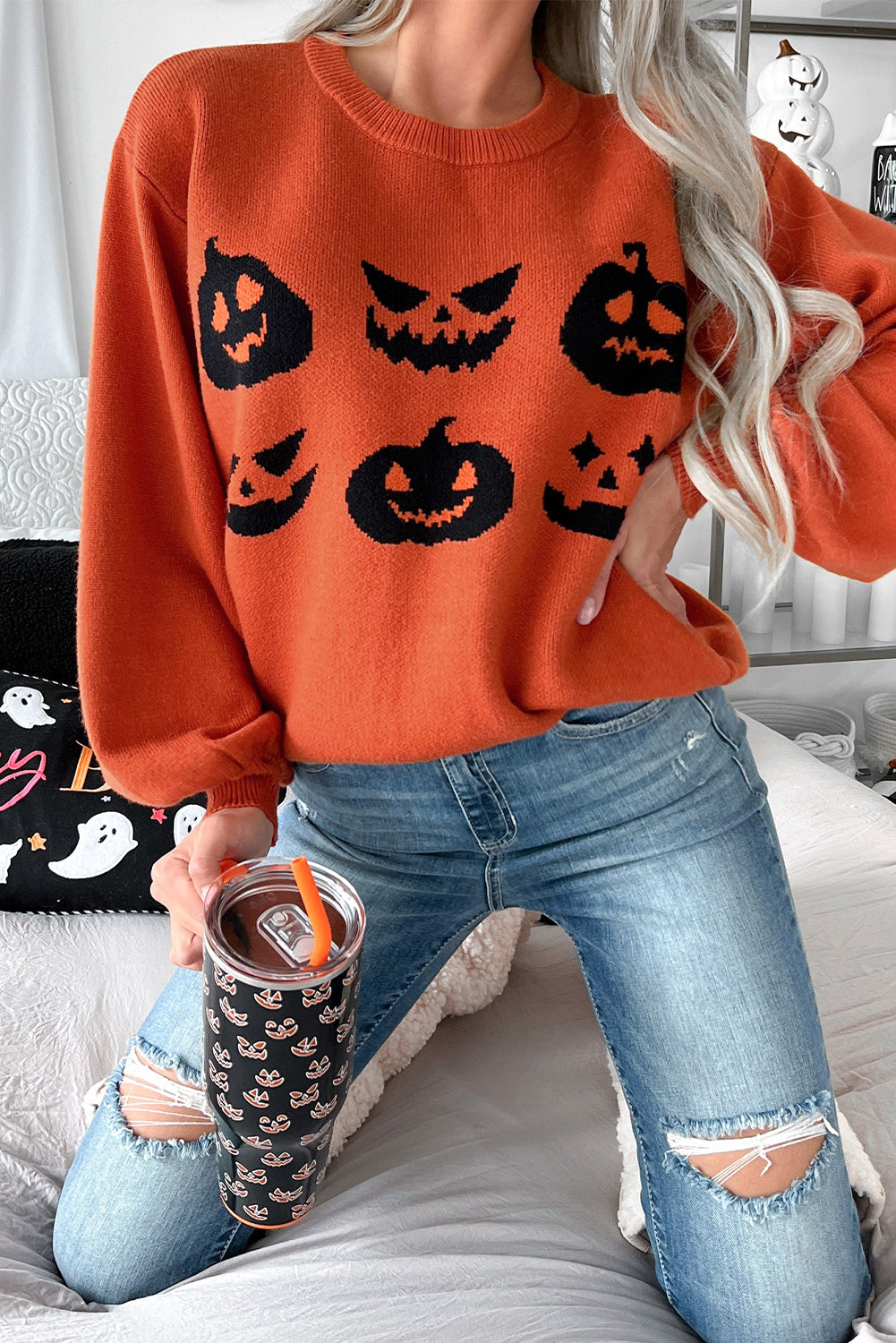Orange halloween kürbis gesicht muster drop shoulder pullover