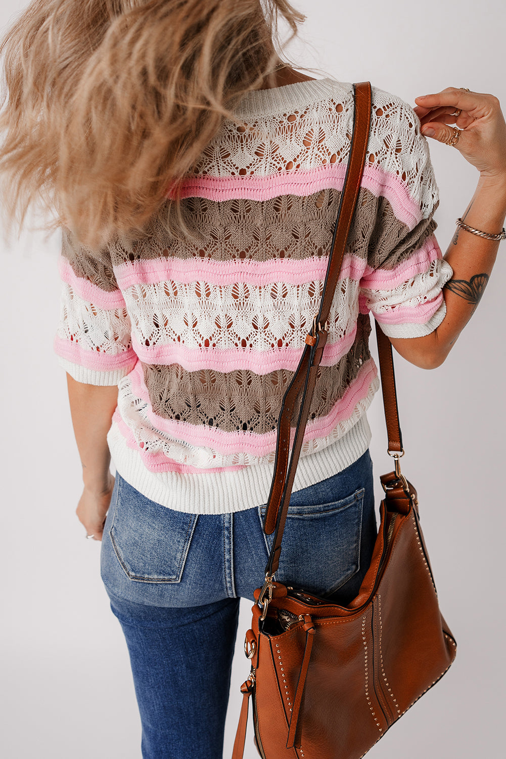 Brown stripe color block hollow out crochet half sleeve pullover