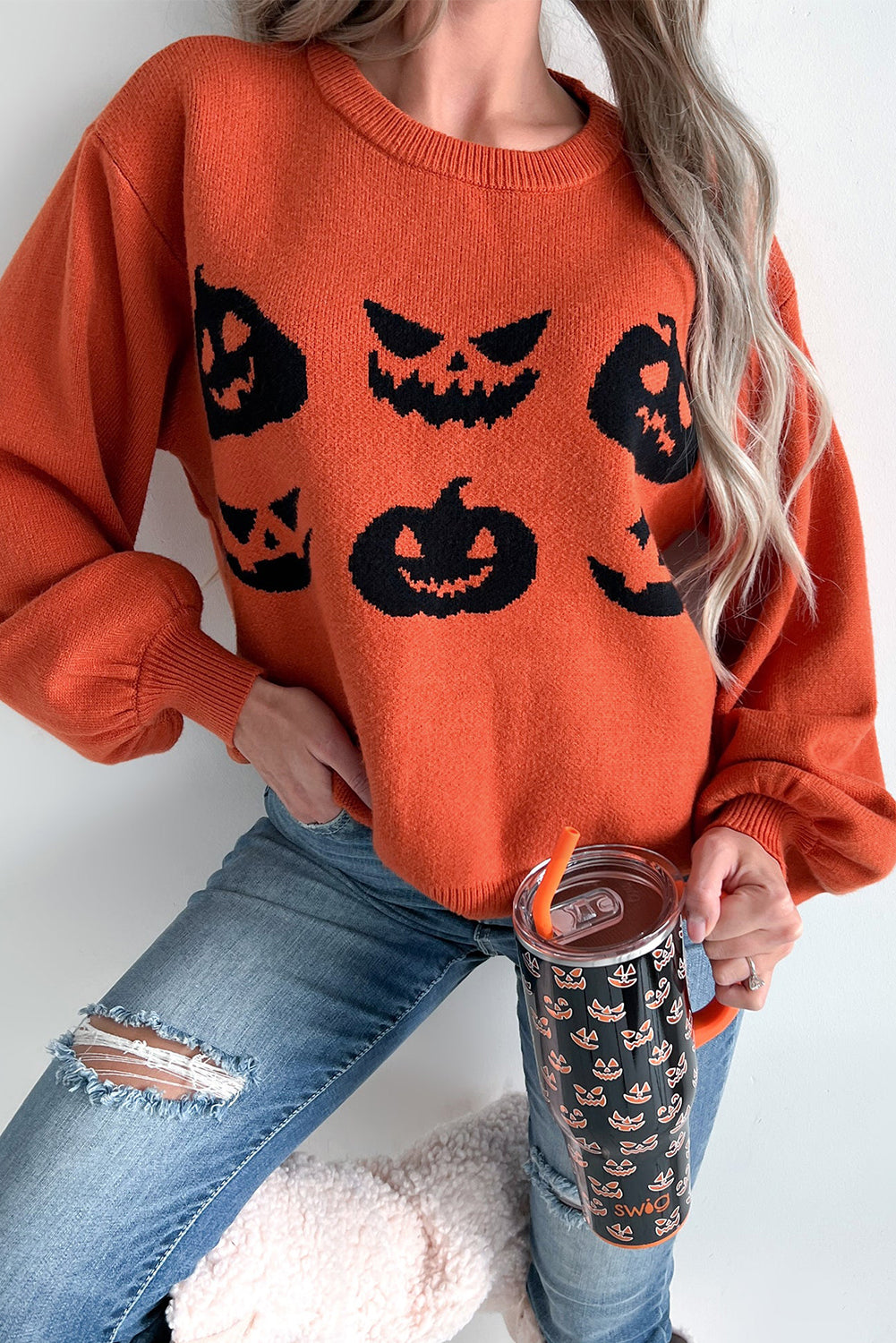 Orange halloween kürbis gesicht muster drop shoulder pullover