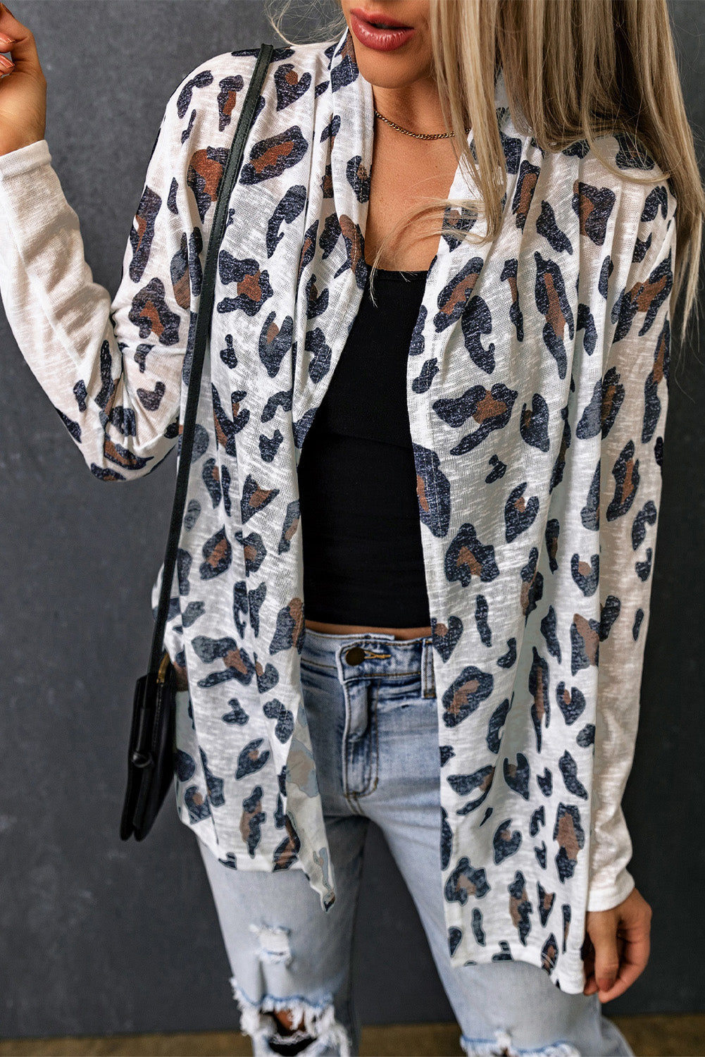 Weiße vintage leopard print offene strickjacke
