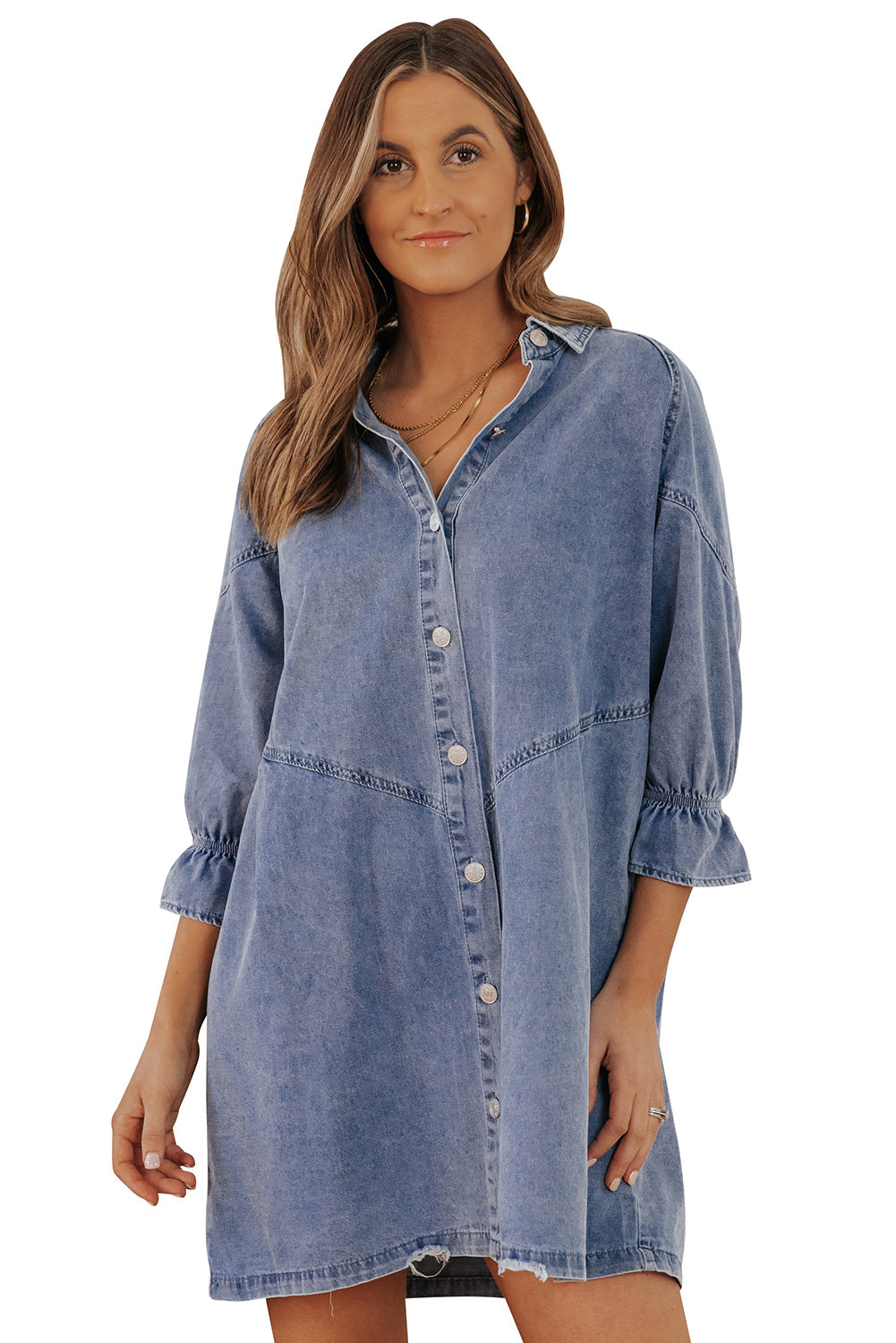 Hemelse blauwe denim mini-jurk met lange mouwen met knopen
