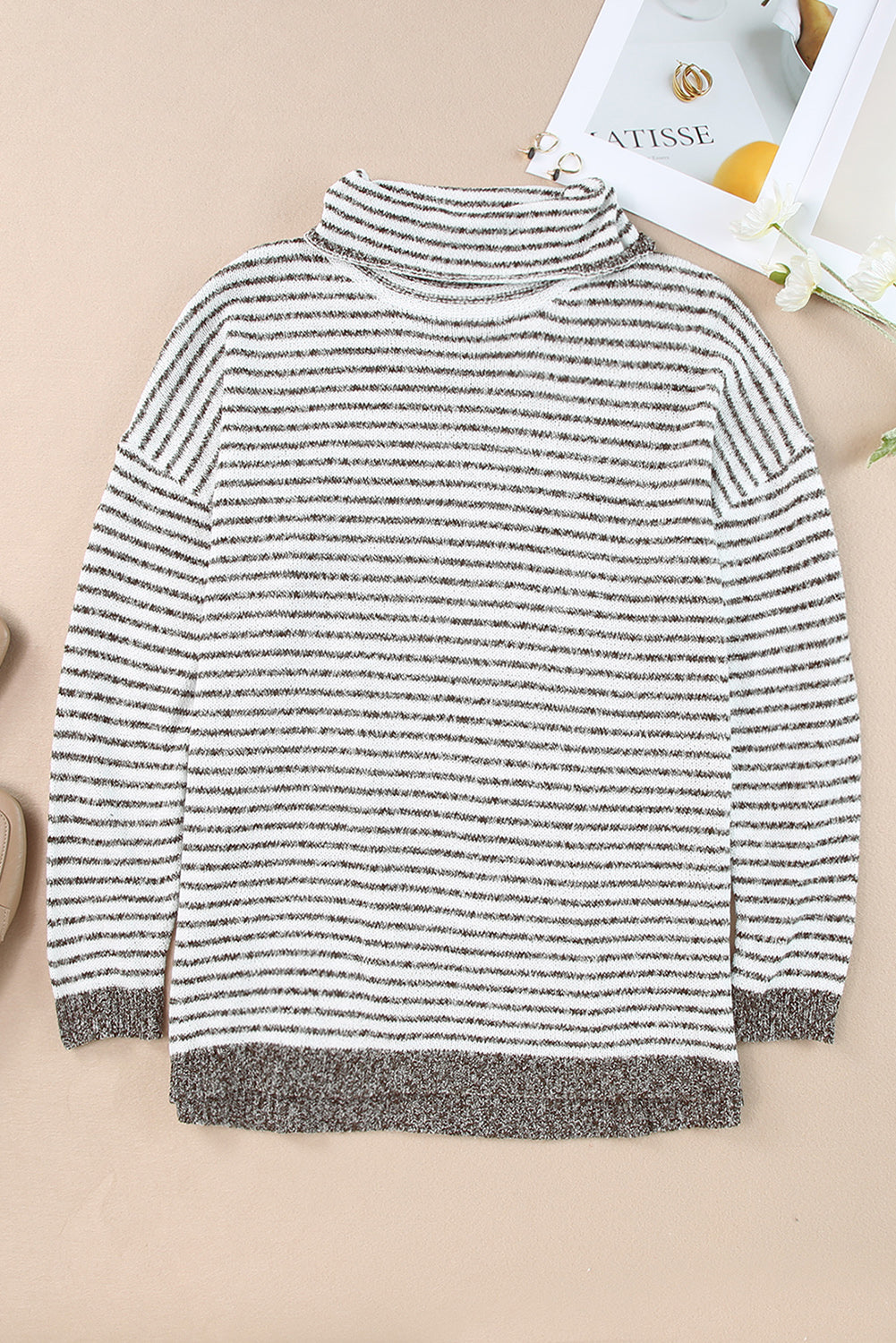 Khaki gestreifter rollkragenpullover lose pullover