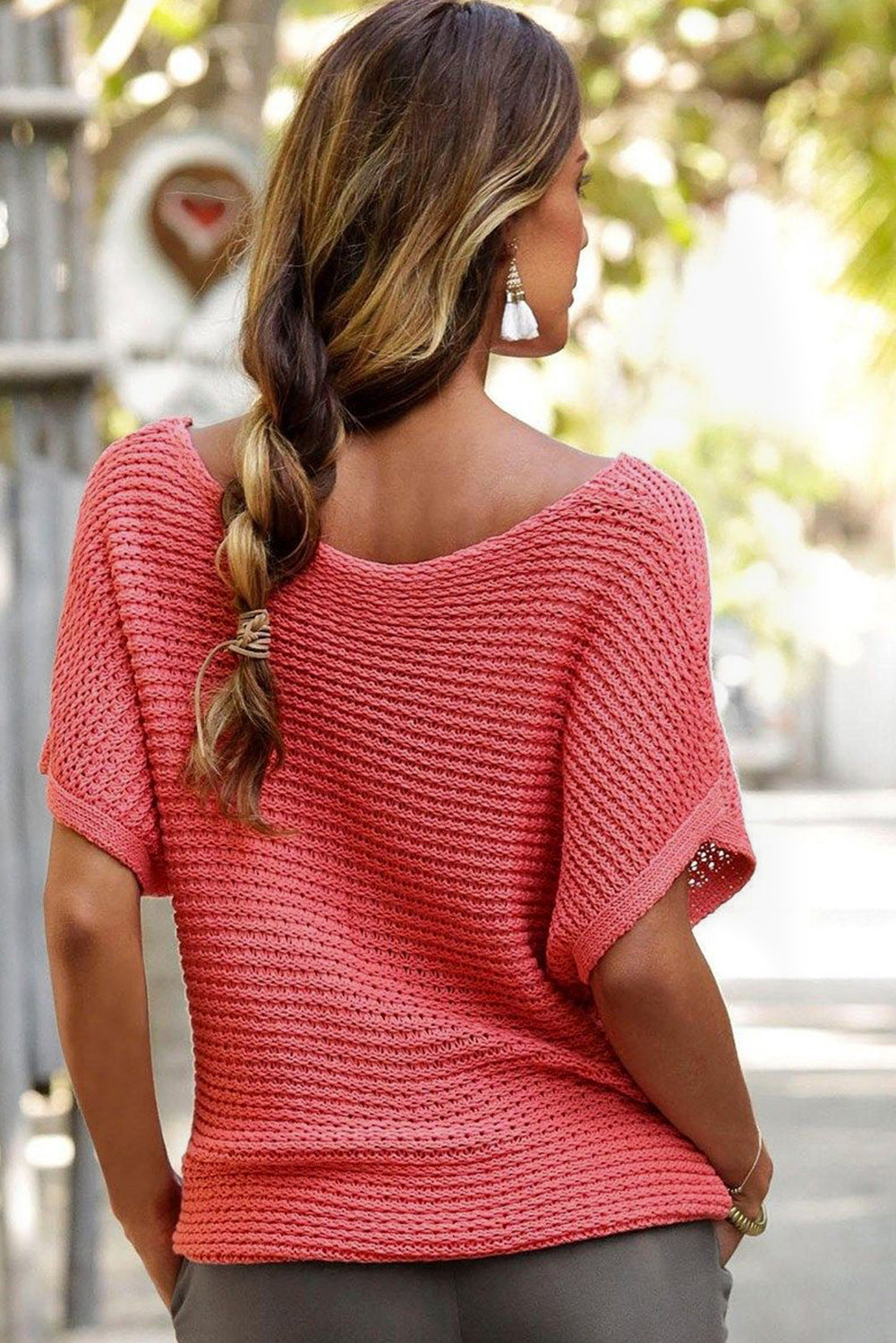 Red clay solid locker gestrickter pullover mit kurzen dolman-ärmeln