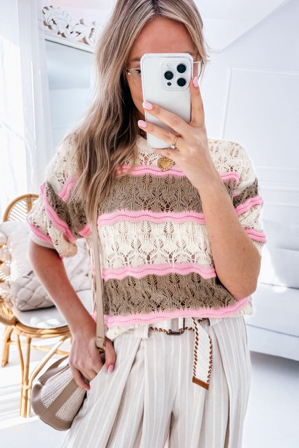 Brown stripe color block hollow out crochet half sleeve pullover