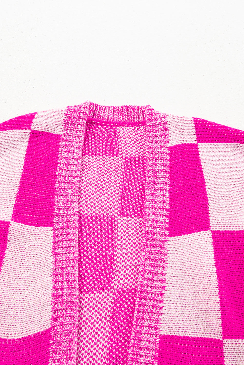 Rot karierte strickjacke mit geripptem saum und offener vorderseite