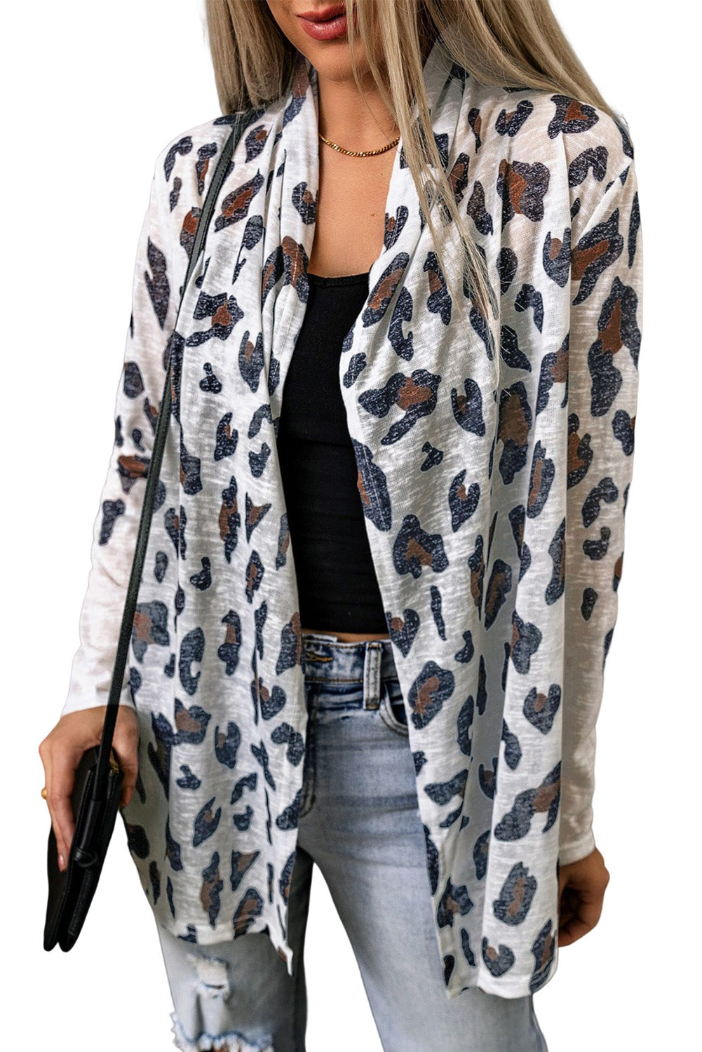 Weiße vintage leopard print offene strickjacke
