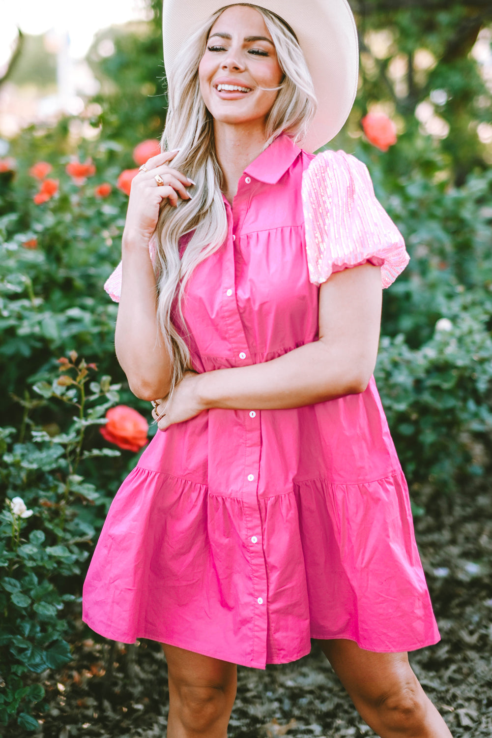 Bonbon -pailletten -Bewaar shirt Blouse -jurk met verzamelde mouwen