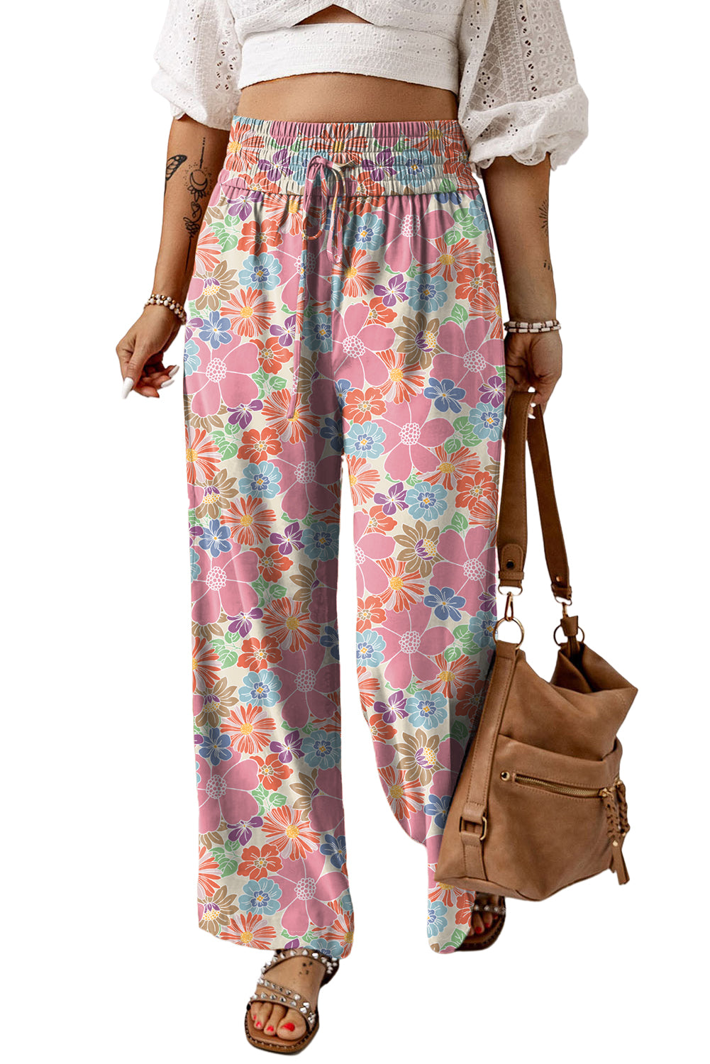 Rosa floral smocked taille lose hose