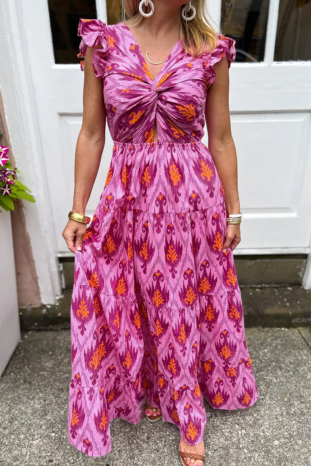 Bonbon retro print met gedraaide voorkant en verzamelde mouwen maxikleid