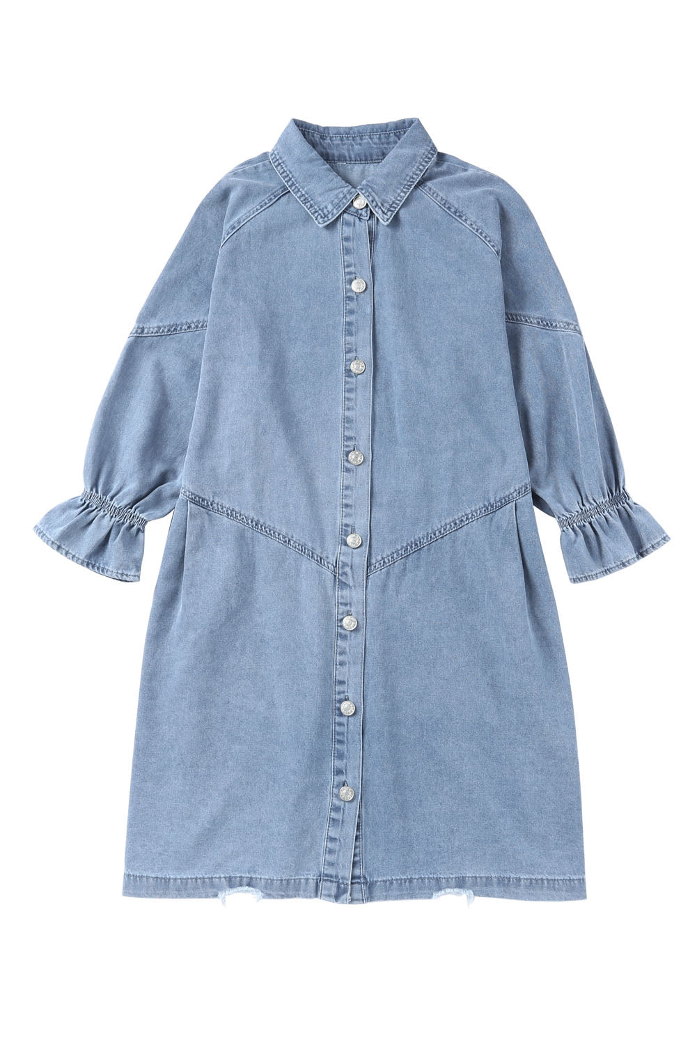 Hemelse blauwe denim mini-jurk met lange mouwen met knopen
