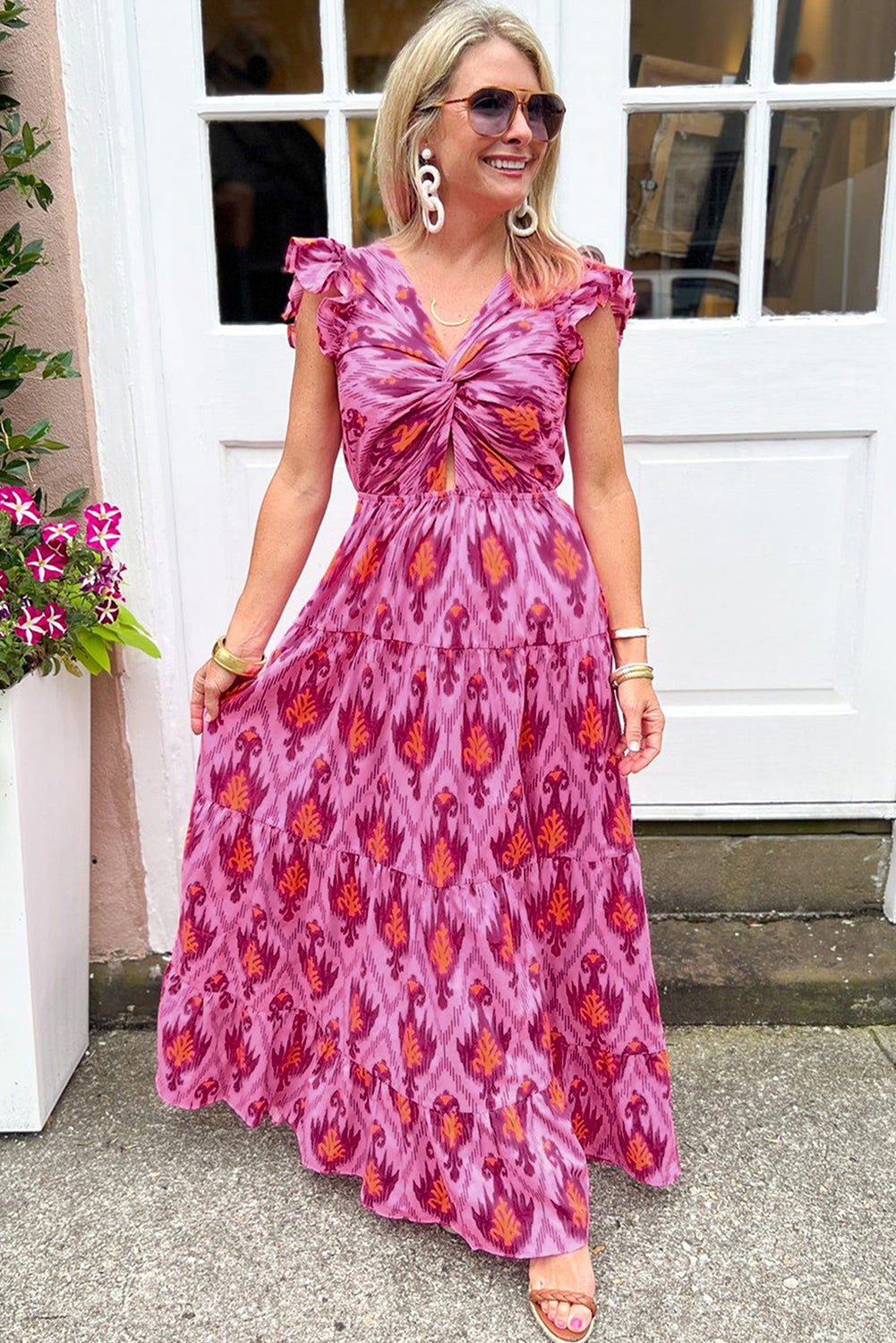 Bonbon retro print met gedraaide voorkant en verzamelde mouwen maxikleid