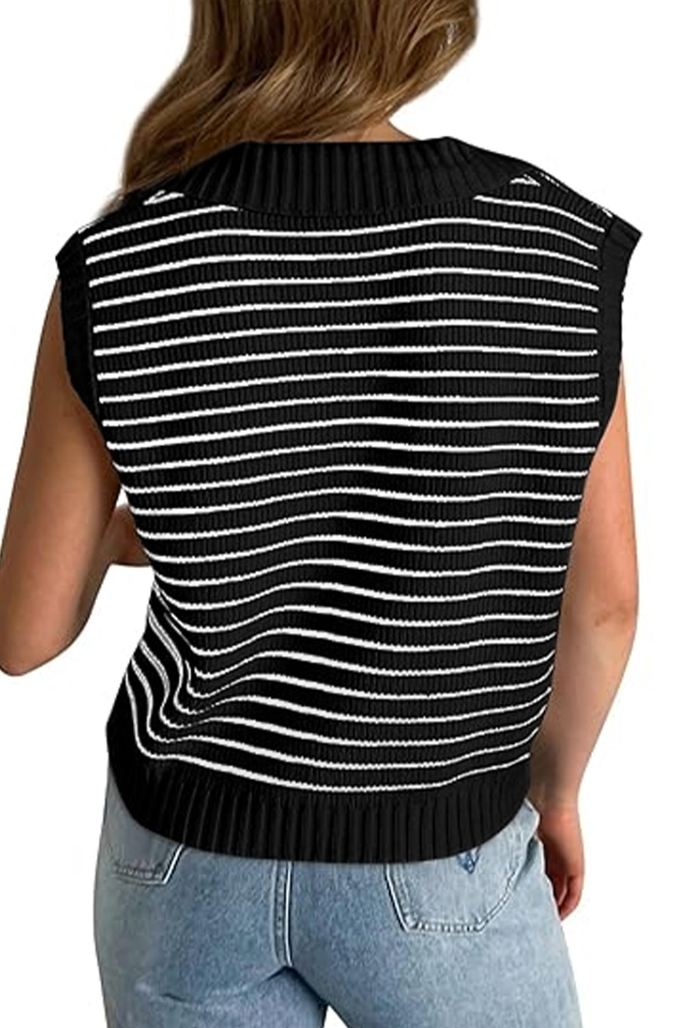 Schwarz gestreiftes pullover-tank-top mit v-ausschnitt