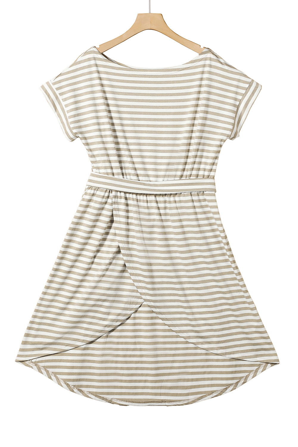 Kaki gestreepte korte-arm t-shirt jurk met riem en gehulde zoom