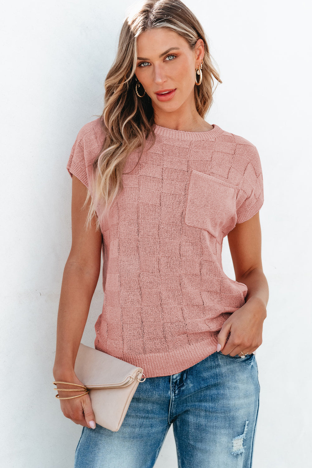Kurzarmpullover mit gitterstruktur in staubigem rosa
