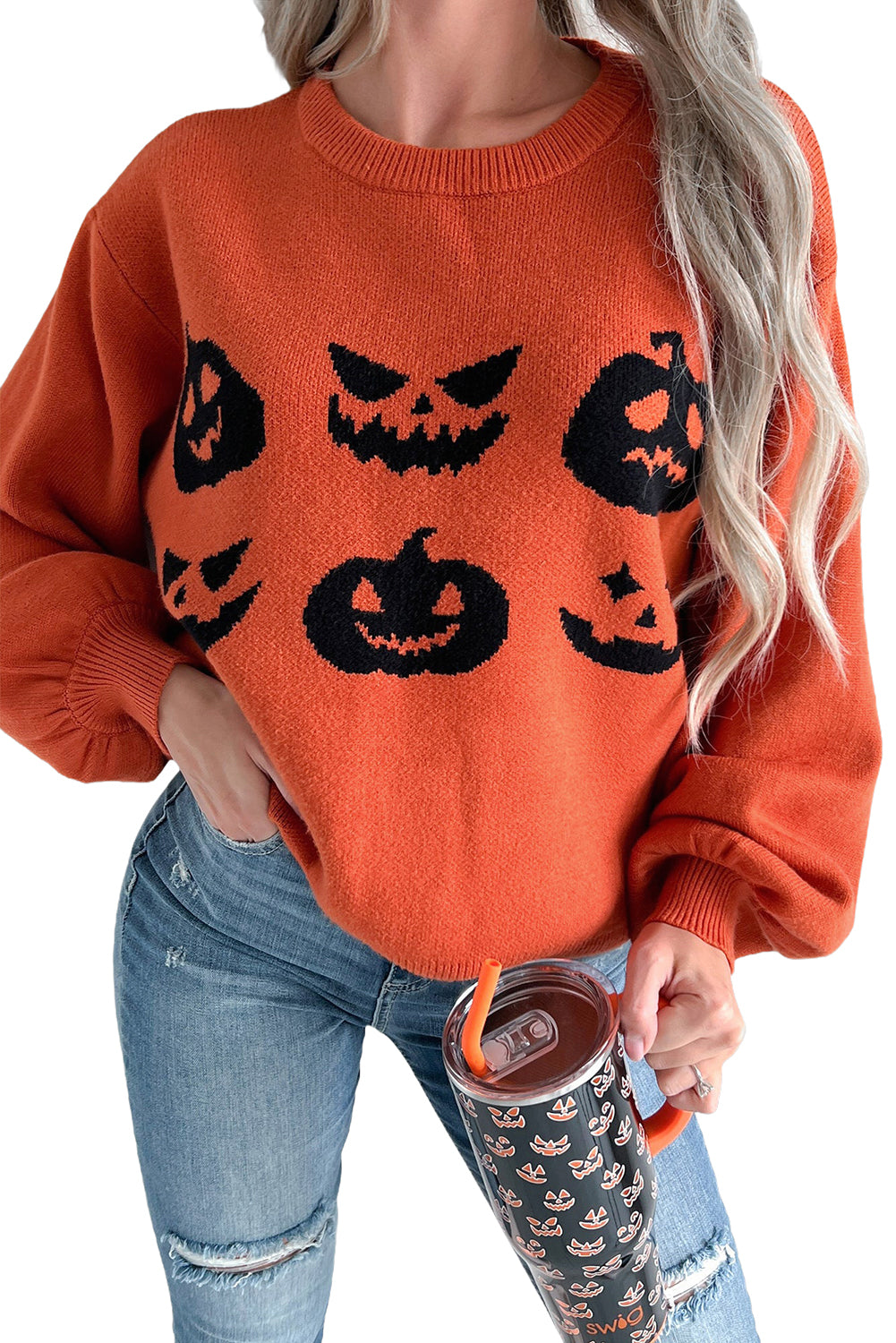 Orange halloween kürbis gesicht muster drop shoulder pullover