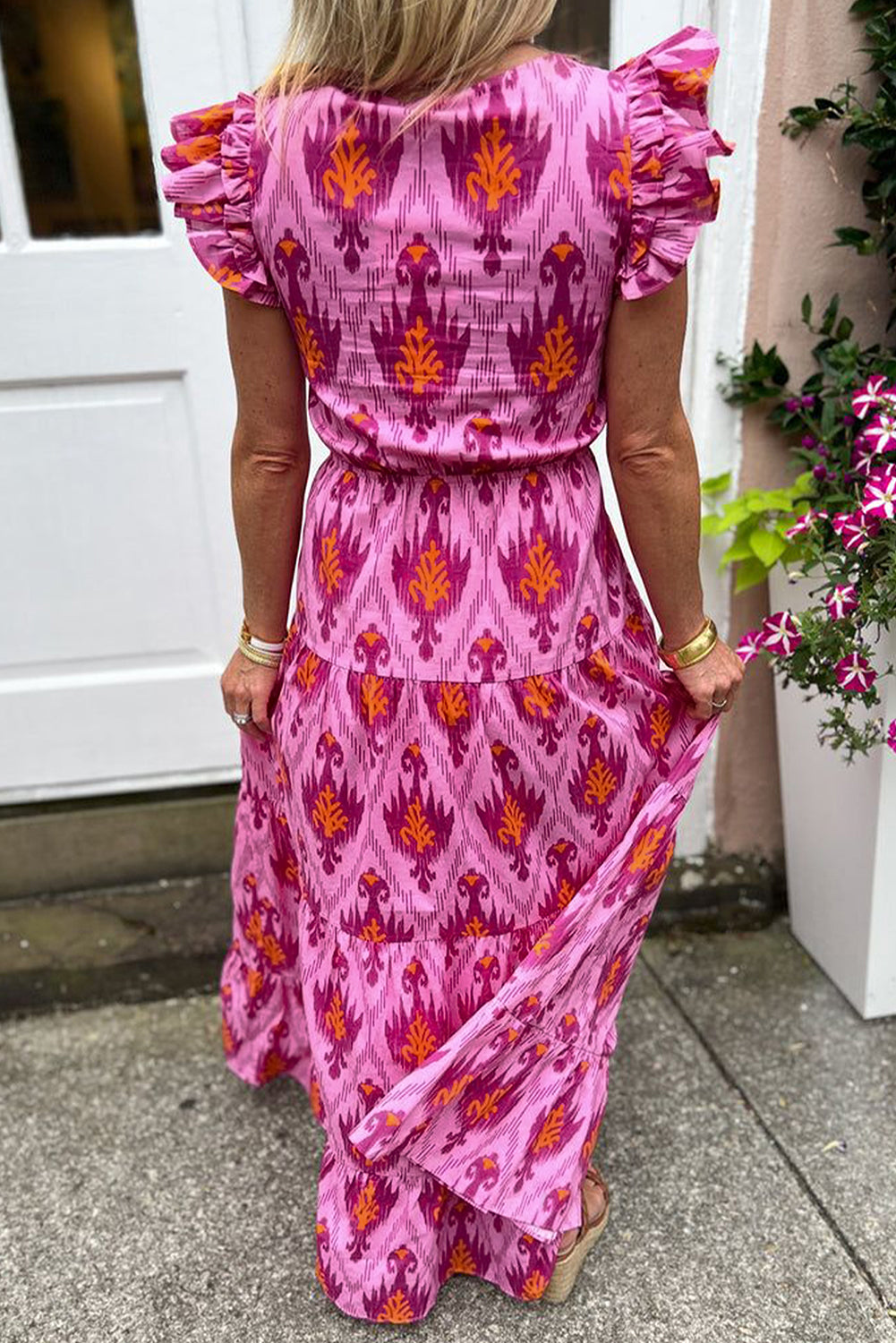 Bonbon retro print met gedraaide voorkant en verzamelde mouwen maxikleid