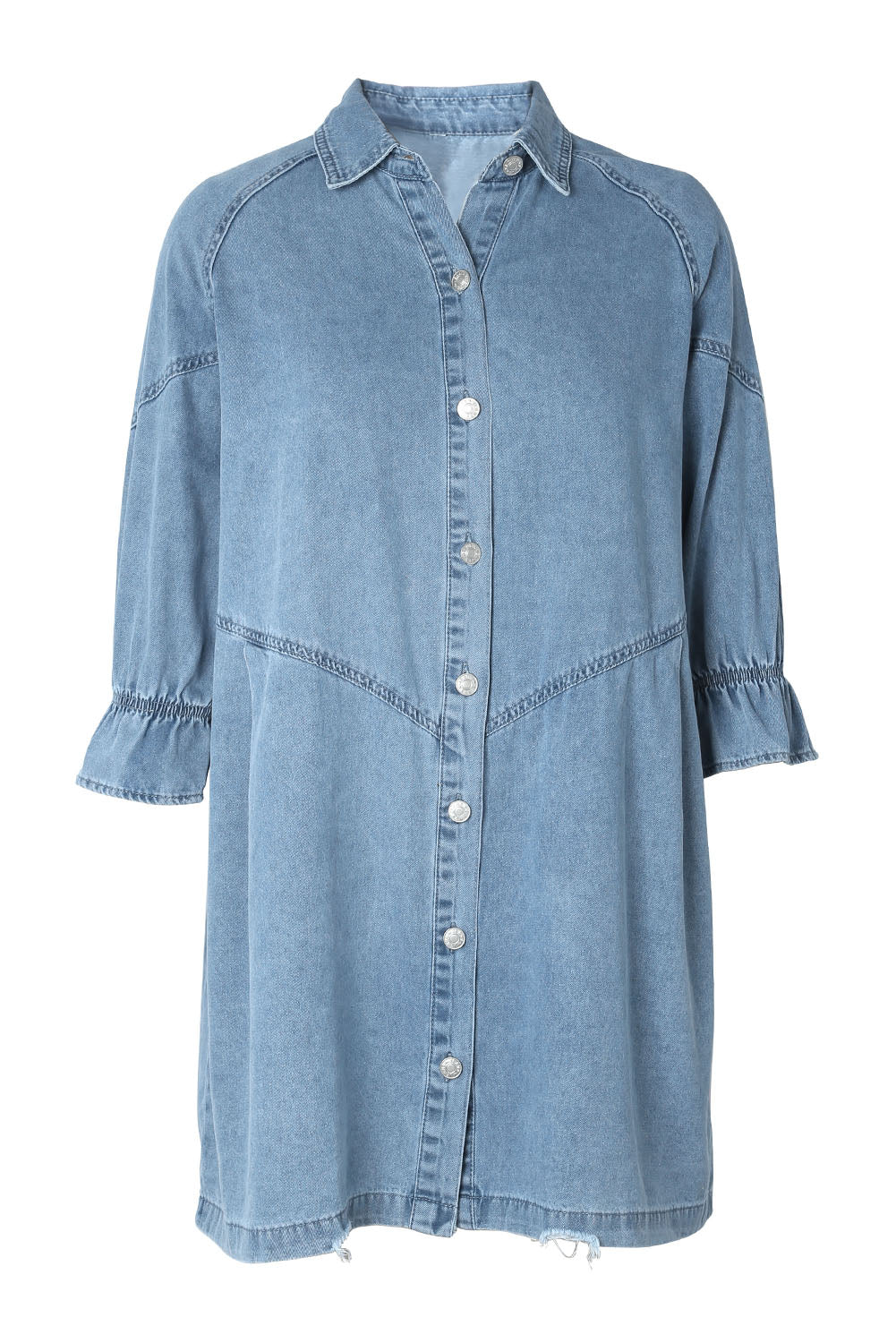 Hemelse blauwe denim mini-jurk met lange mouwen met knopen