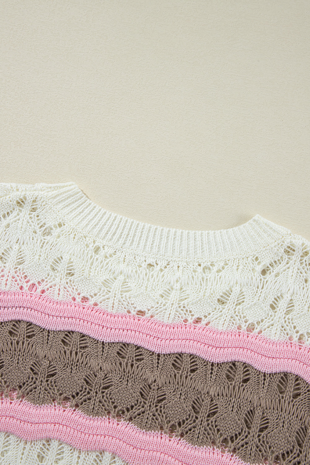 Brown stripe color block hollow out crochet half sleeve pullover