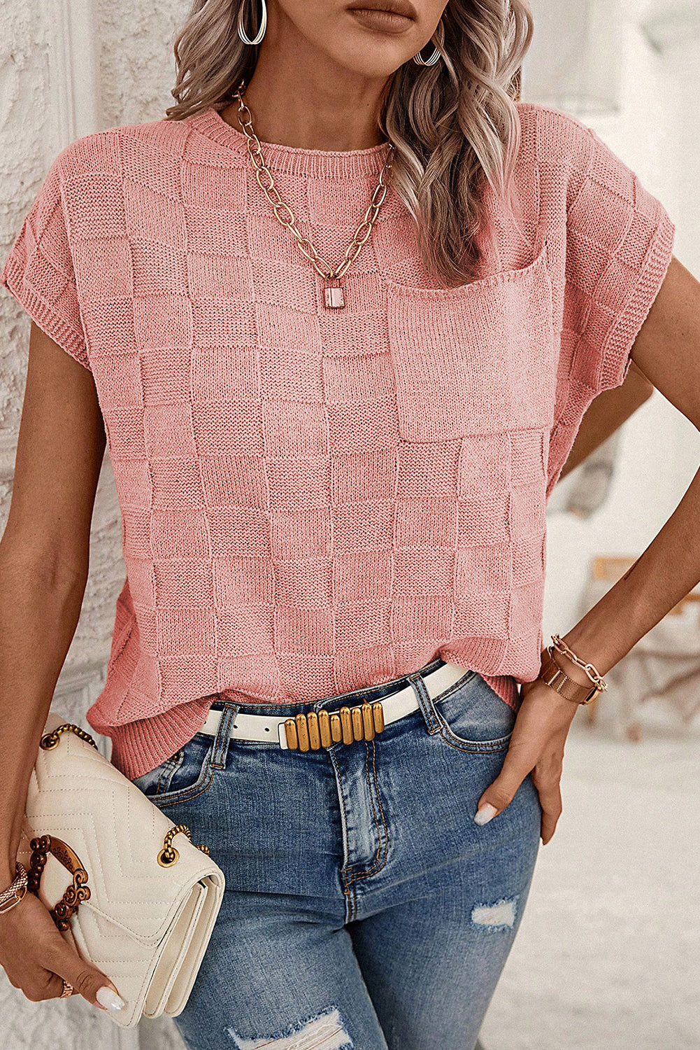 Kurzarmpullover mit gitterstruktur in staubigem rosa