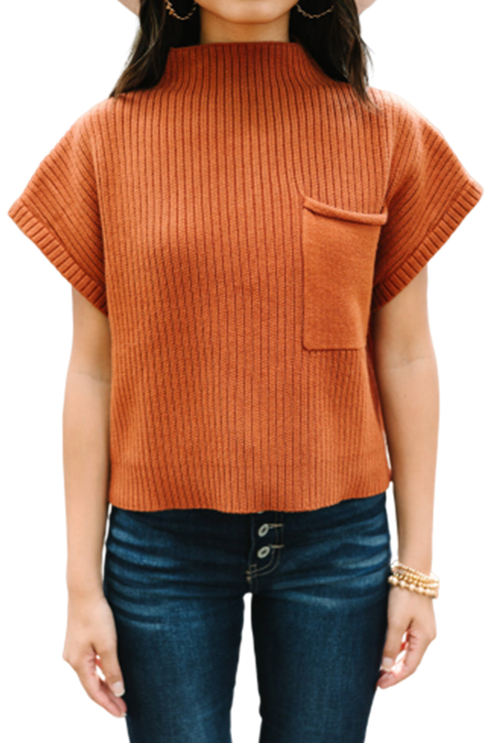 Gold flame patch pocket rippenstrickpullover mit kurzen ärmeln