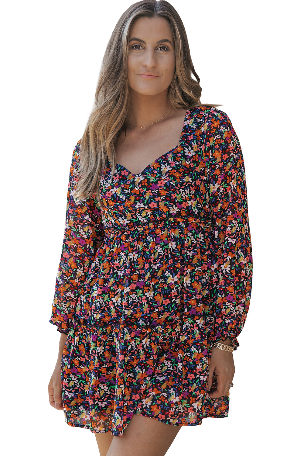 Langärmeliges kleid mit blumenmuster und v-ausschnitt