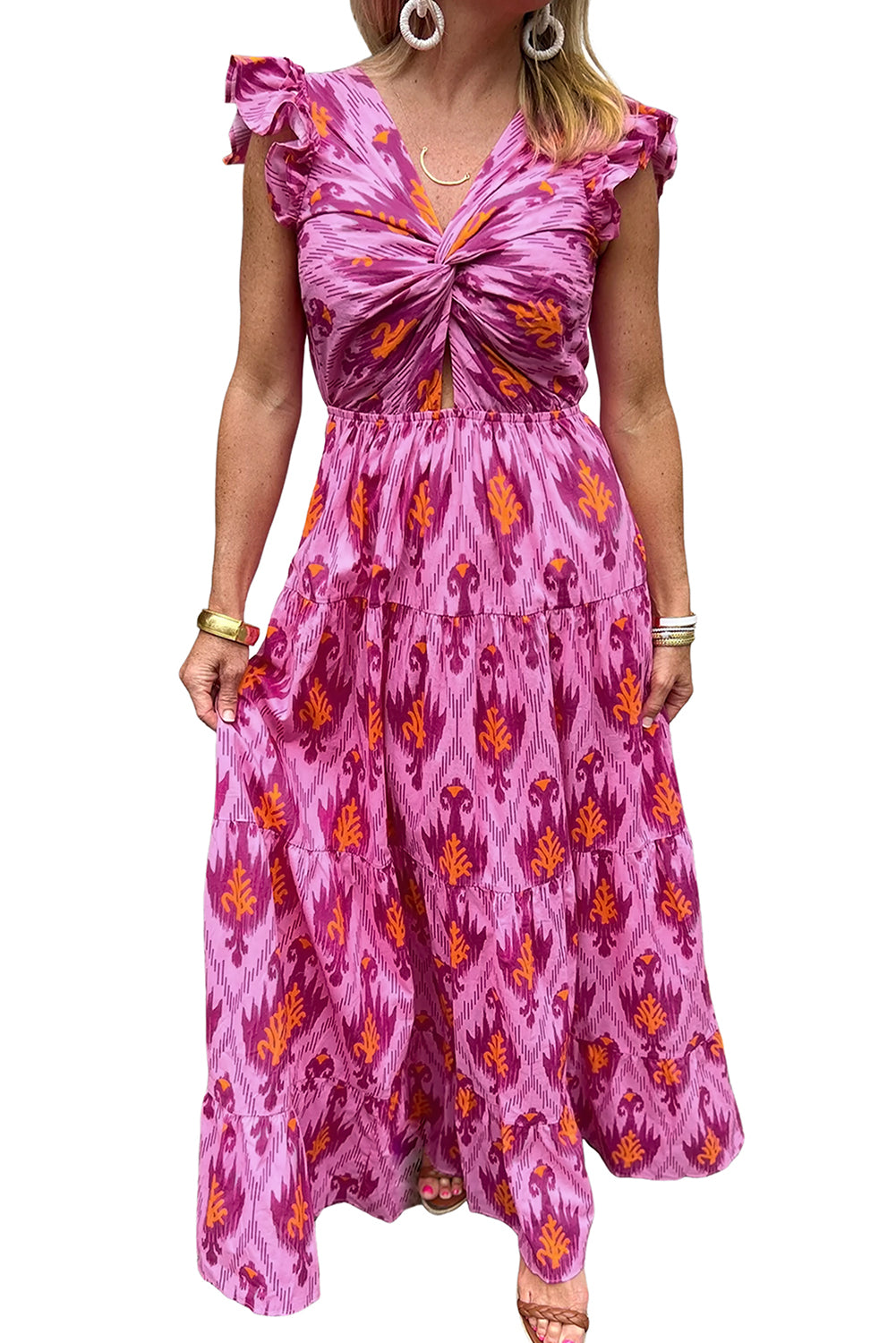 Bonbon retro print met gedraaide voorkant en verzamelde mouwen maxikleid
