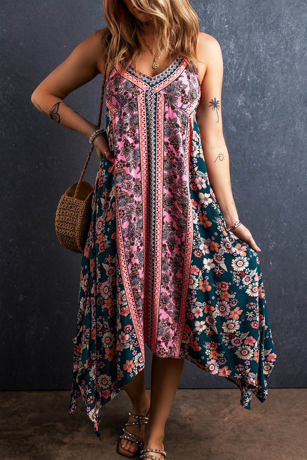 Rosa Bohème floraler Patchworkdruck langes Sommerkleid