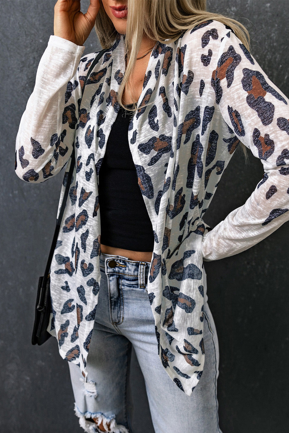 Weiße vintage leopard print offene strickjacke
