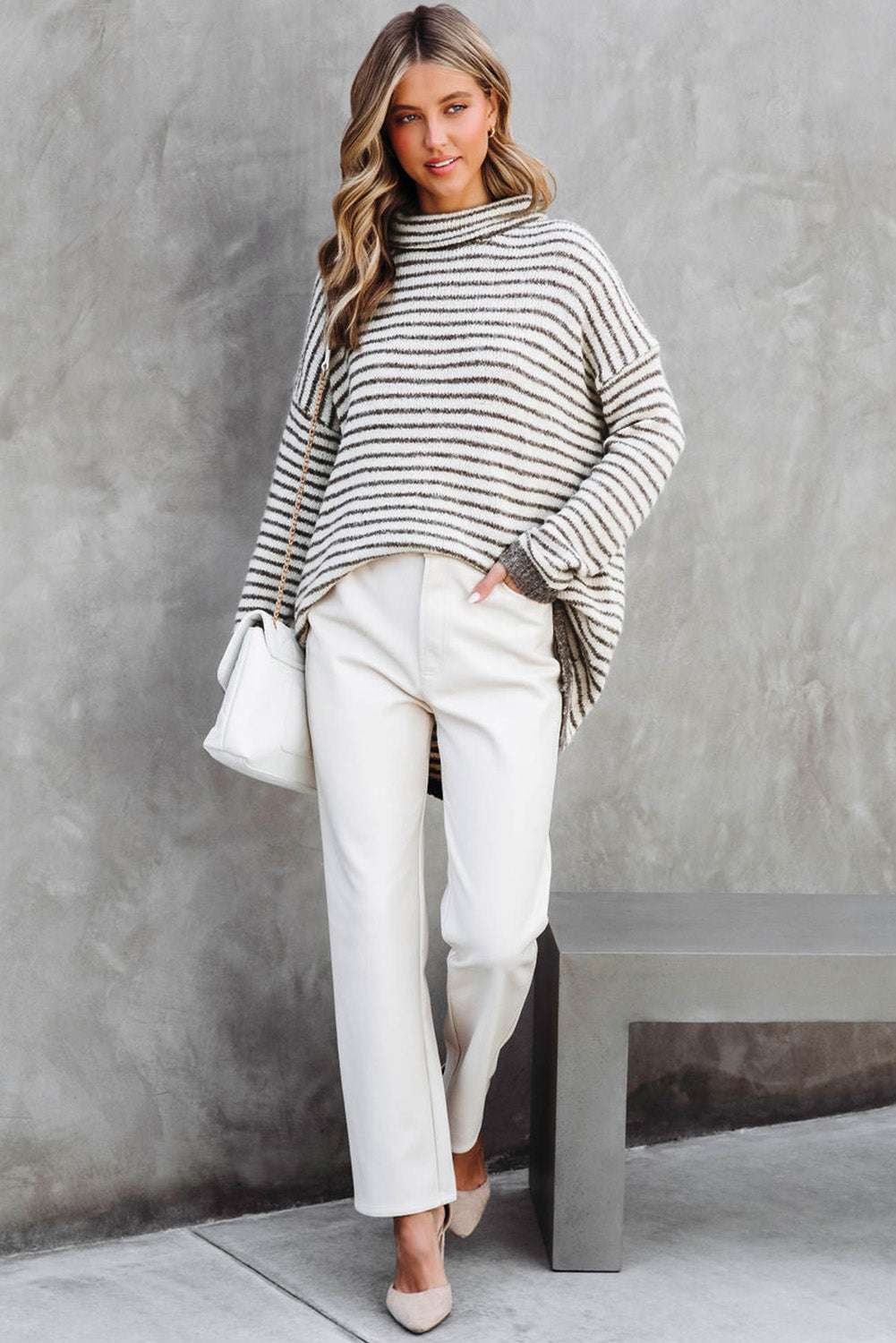 Khaki gestreifter rollkragenpullover lose pullover