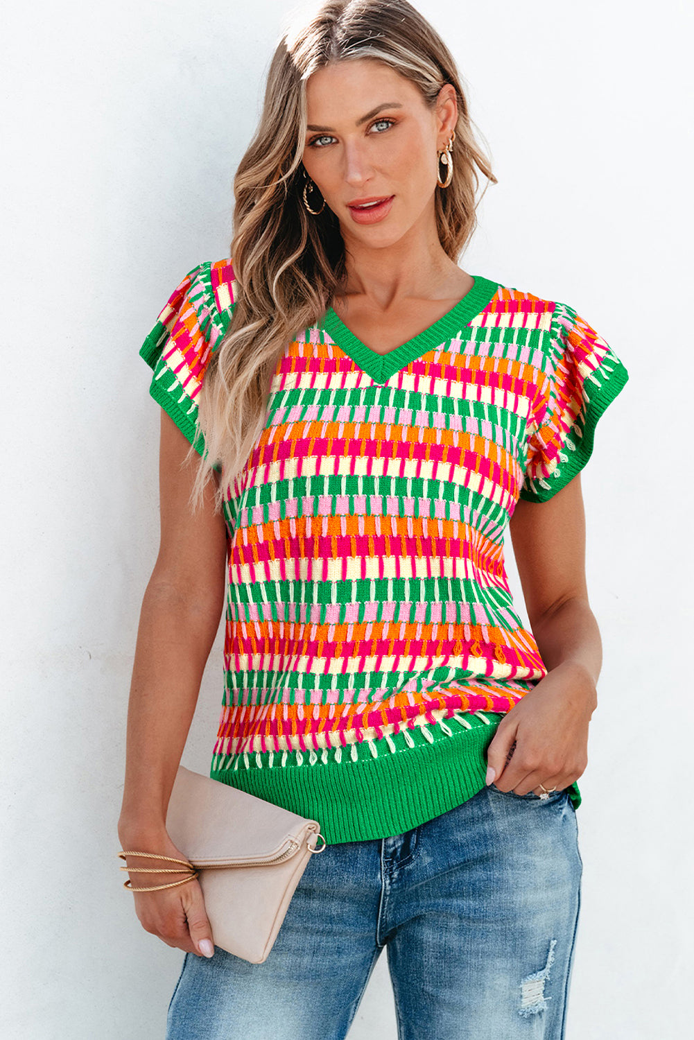 Grünes multi flatterärmel-strickpullover-top