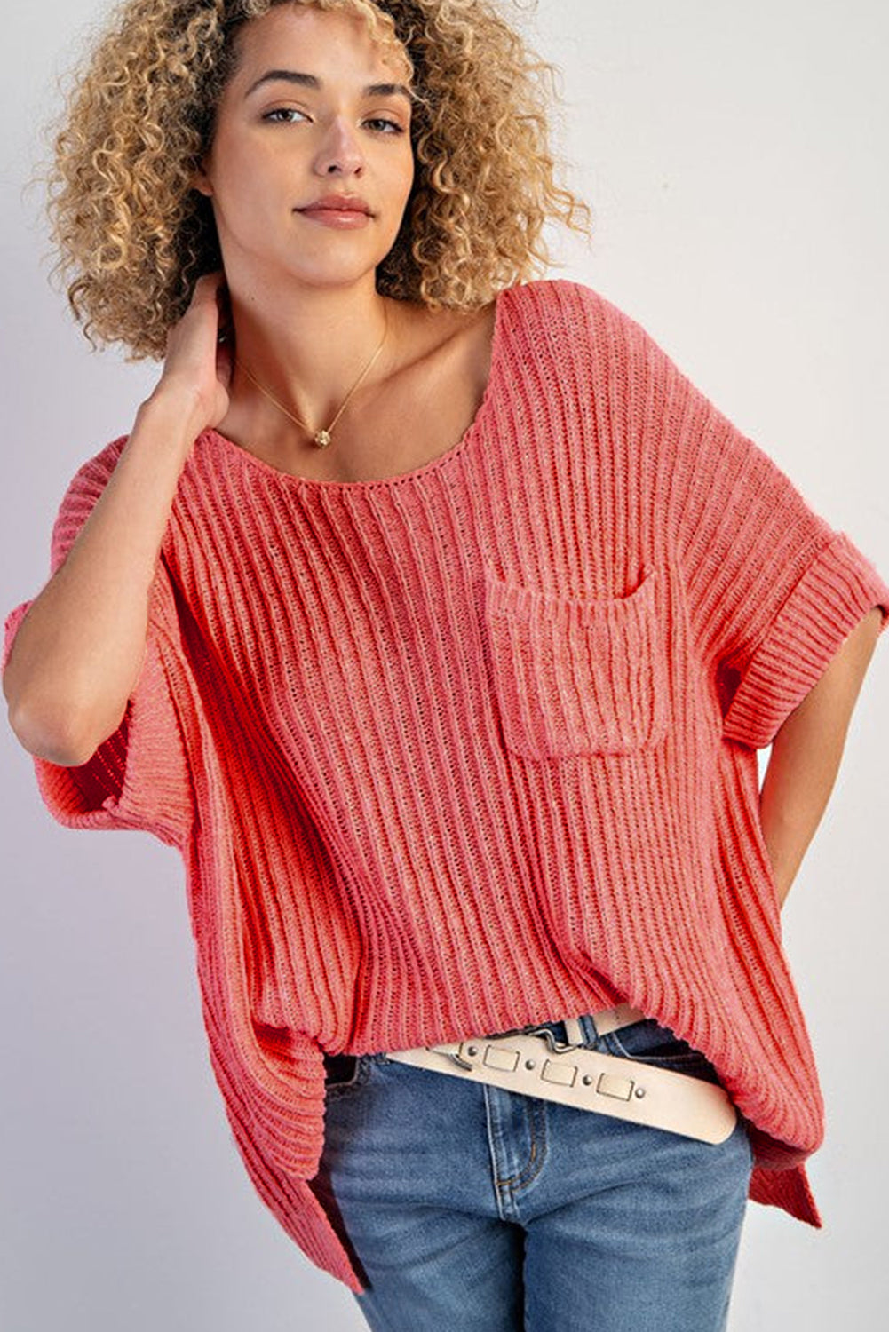 Fresh salmon rolled cuffs lose gestricktes tee mit schlitzen