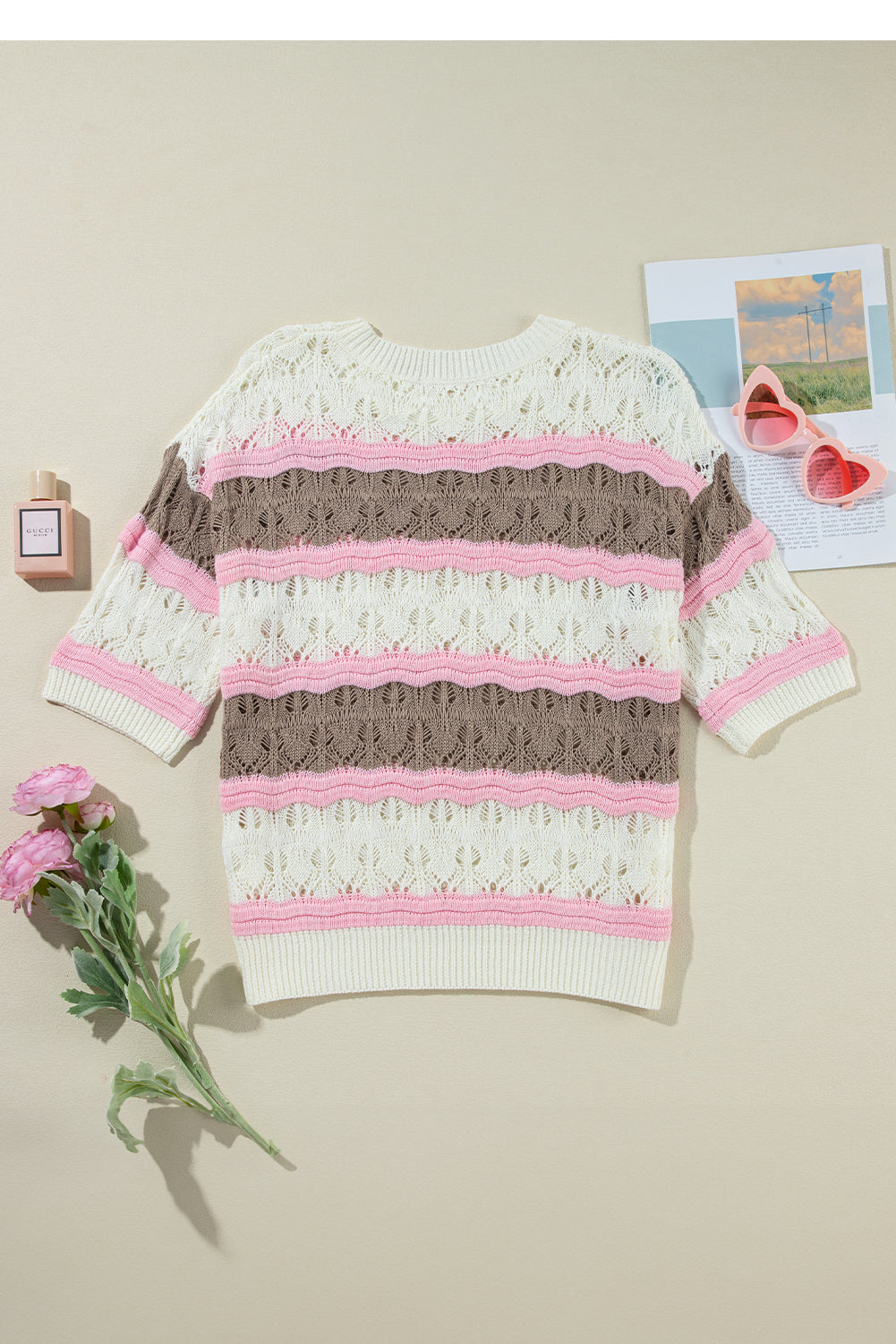 Brown stripe color block hollow out crochet half sleeve pullover