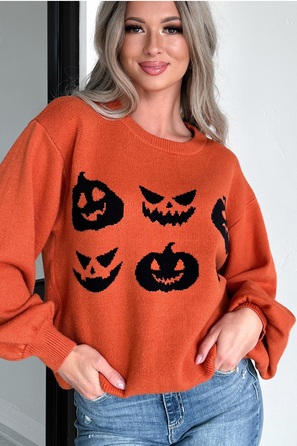 Orange halloween kürbis gesicht muster drop shoulder pullover