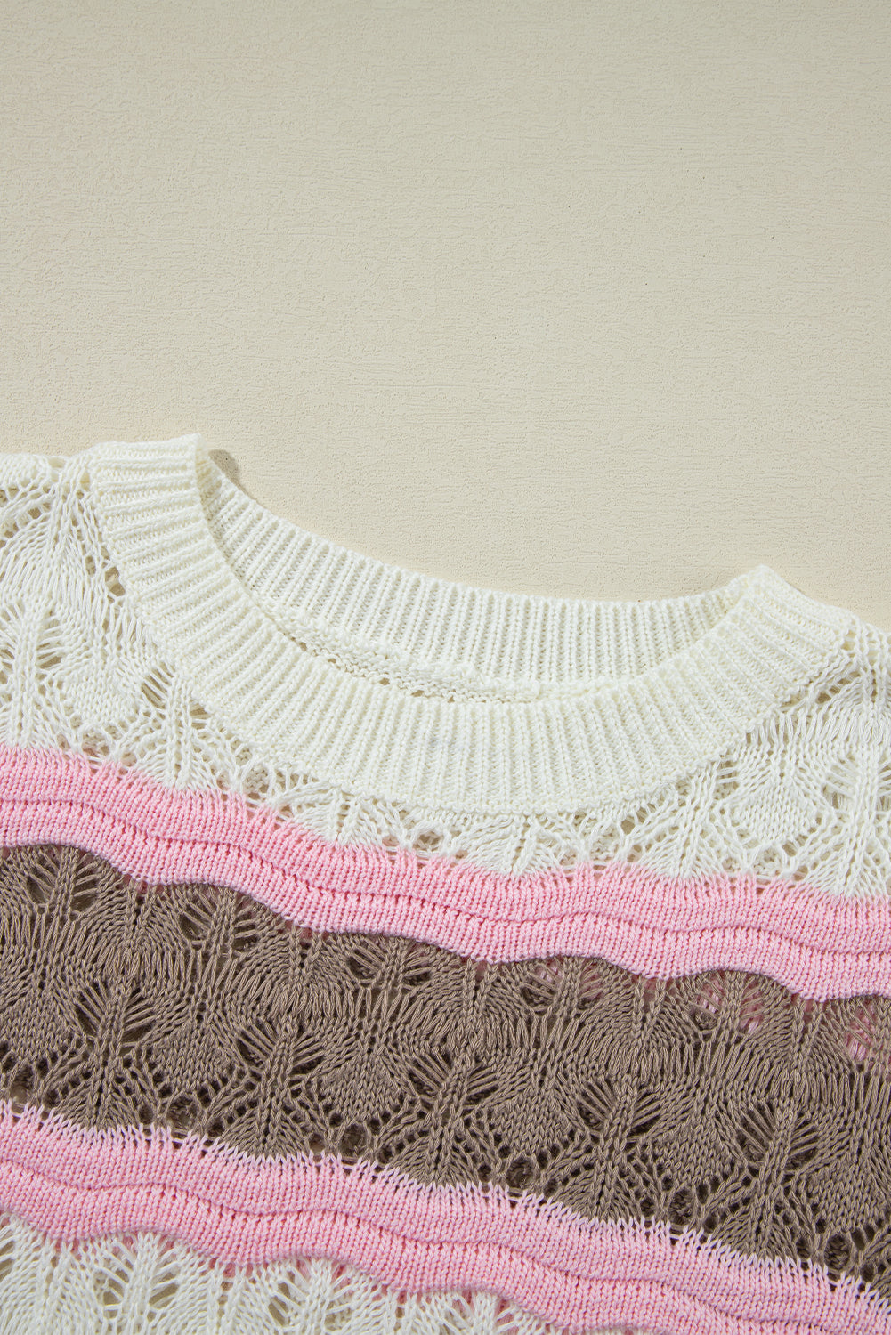 Brown stripe color block hollow out crochet half sleeve pullover