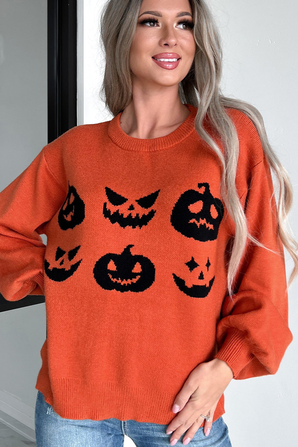 Orange halloween kürbis gesicht muster drop shoulder pullover