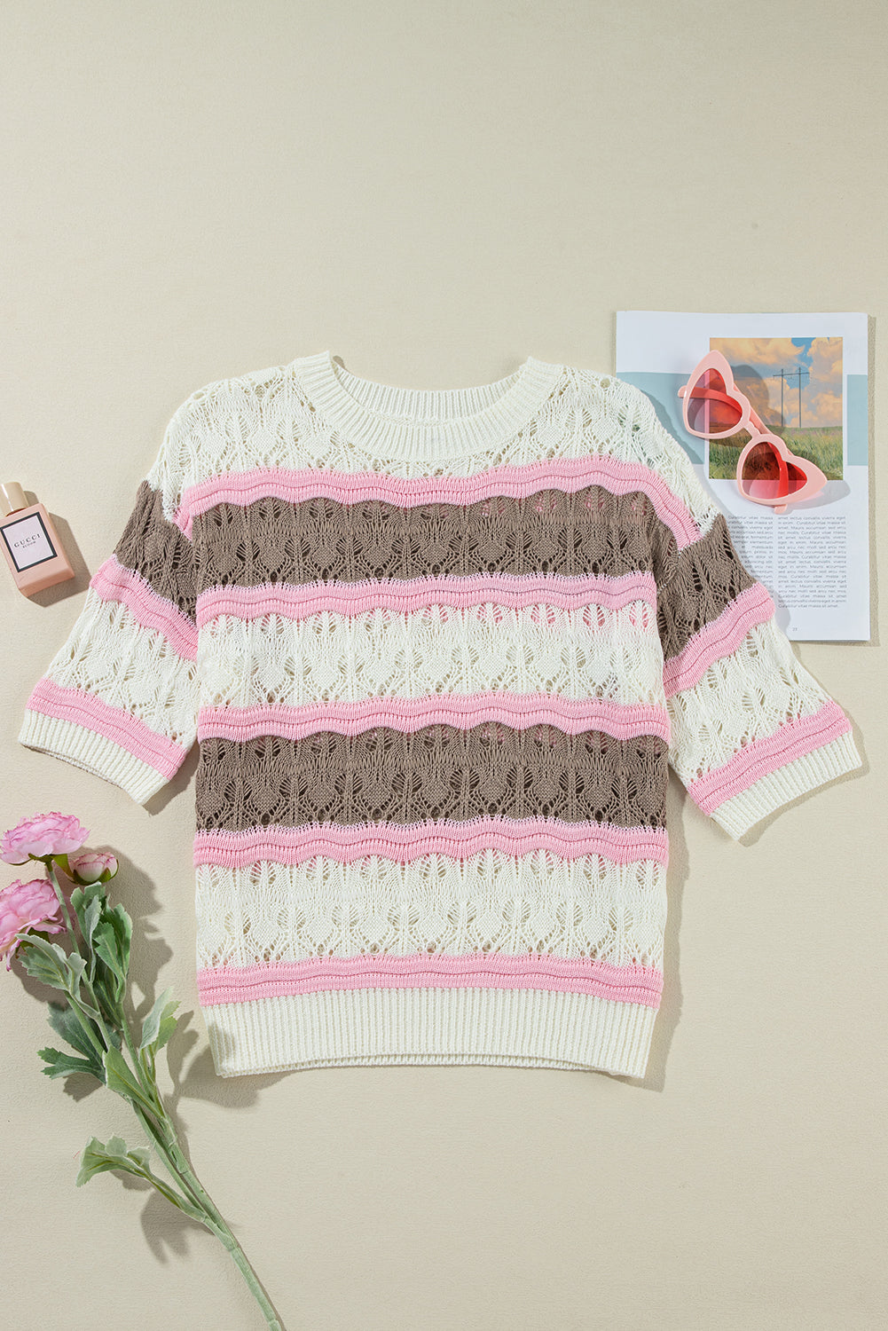 Brown stripe color block hollow out crochet half sleeve pullover