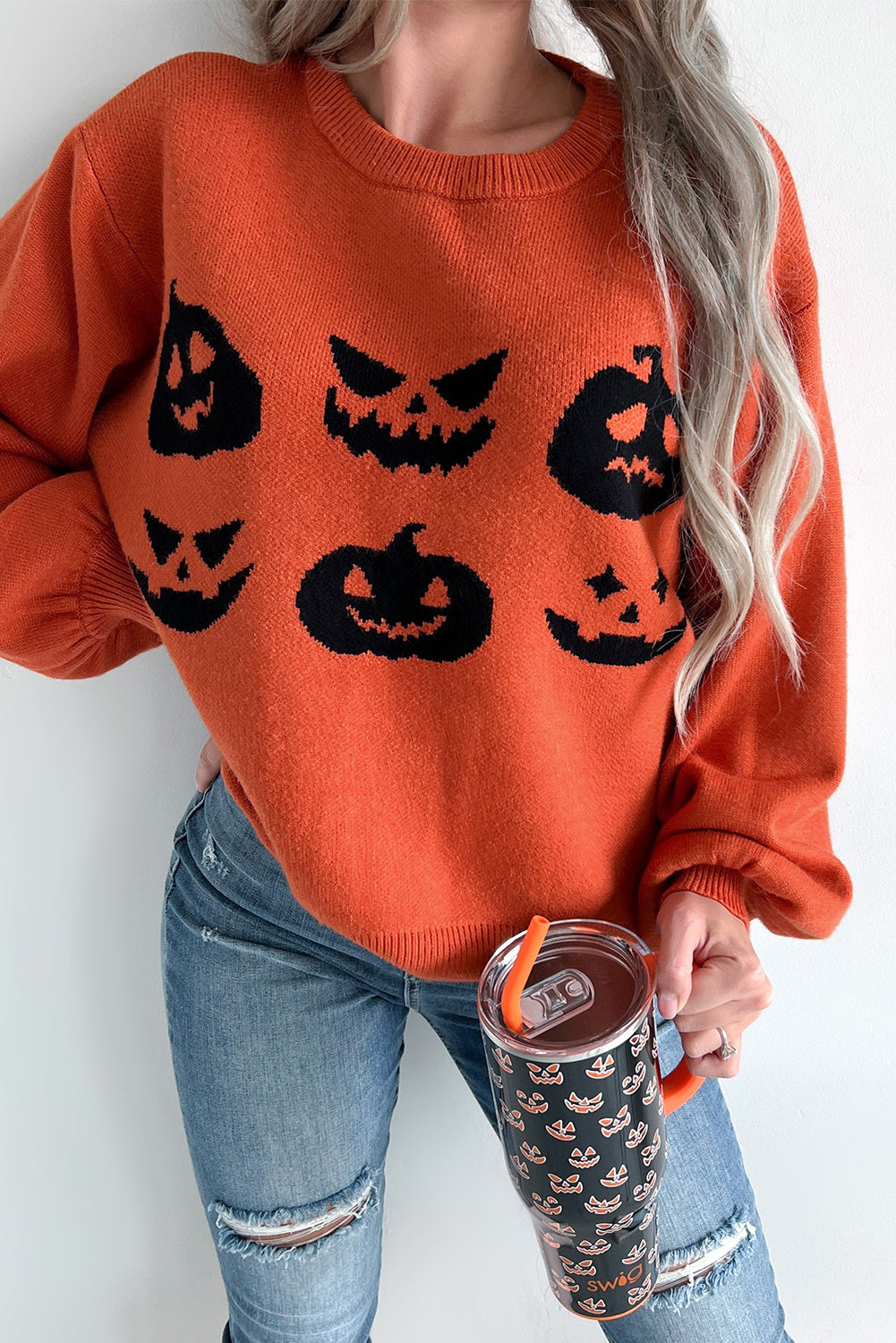 Orange halloween kürbis gesicht muster drop shoulder pullover
