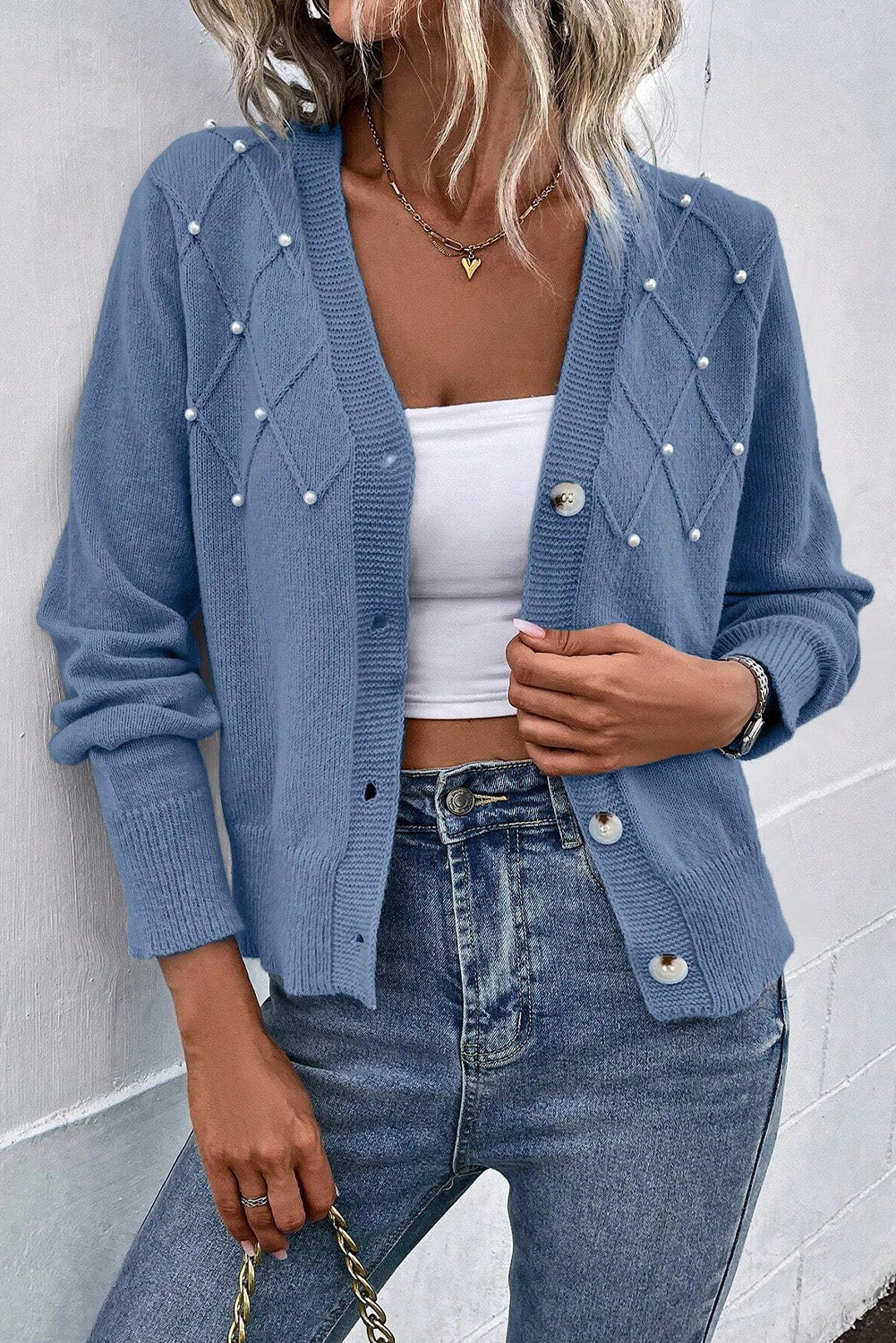 Myosotis texturierte strickjacke mit perlen und knopfleiste
